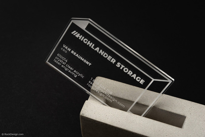 Clever Laser Engraved Clear Acrylic Business Card Design Template - Highlander Storage