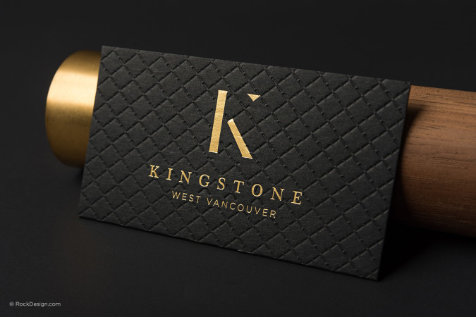 Luxury black business card with gold foil logo and elegant embossed pattern for Kingstone West Vancouver
