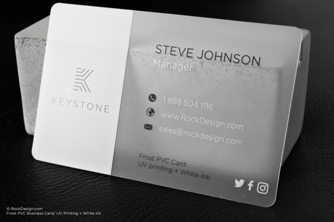 Frosted PVC business card featuring a minimalist Keystone logo, Steve Johnson contact information, UV printing, and white ink details.