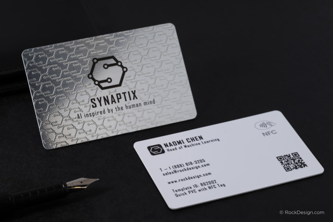 Brushed silver metal and white NFC PVC business cards featuring a circuit-inspired pattern, QR code, NFC technology, and AI-themed branding by RockDesign.