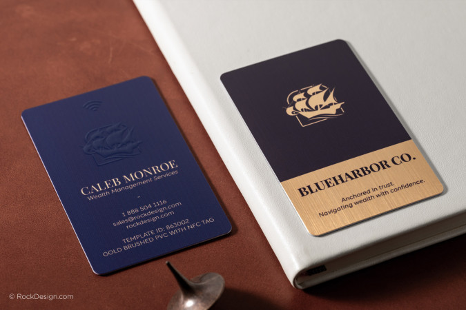 Custom navy blue brushed gold PVC business cards with NFC tag and spot UV logo, designed for luxury wealth management branding.