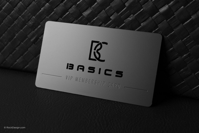 Black metal VIP membership card with laser-engraved logo and text by RockDesign