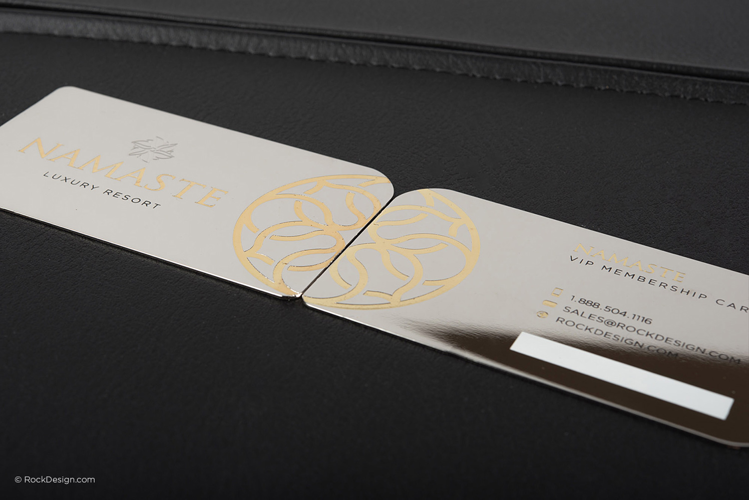 Front and back of premium metal VIP cards with gold plating and glossy silver mirror finish